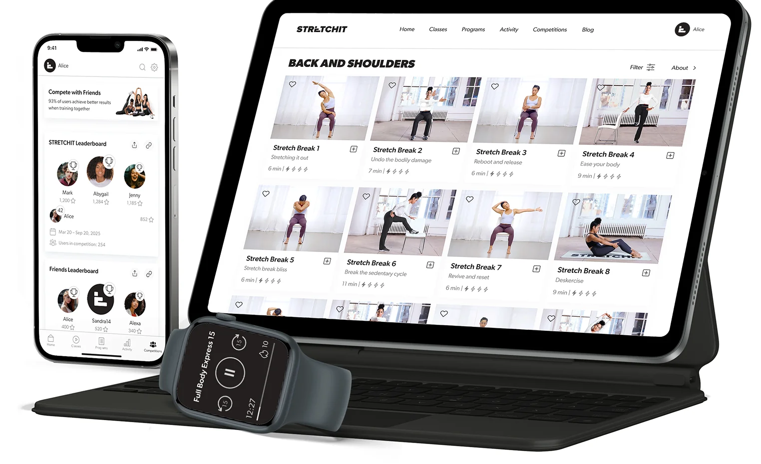 STRETCHIT app on multiple devices: phone, tablet, laptop, and TV